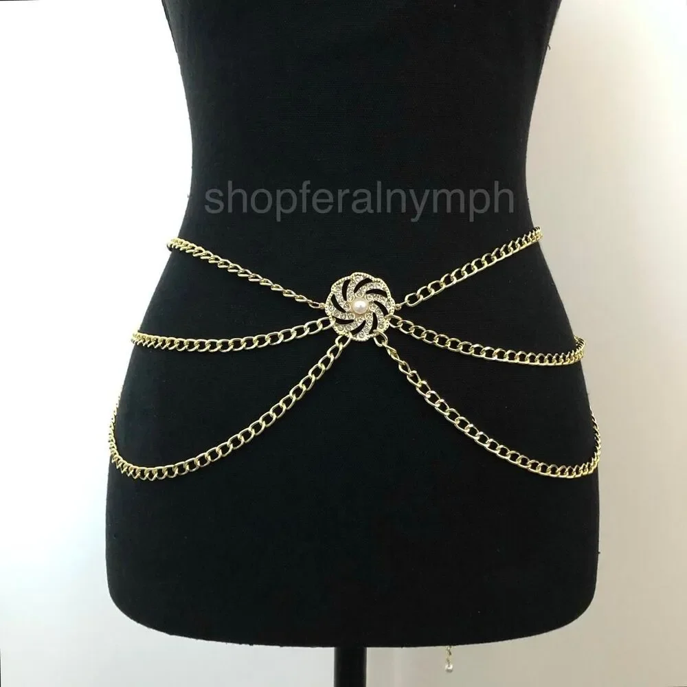 Coquette Gold Rhinestone Pearl Draped Chain Belt, Fits 28–41 Inches, X7GA1186